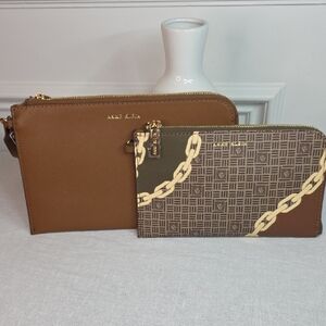 Anne Klein Brown and Tan Chain-Print Clutch Wristlet Set of 2 wristlets